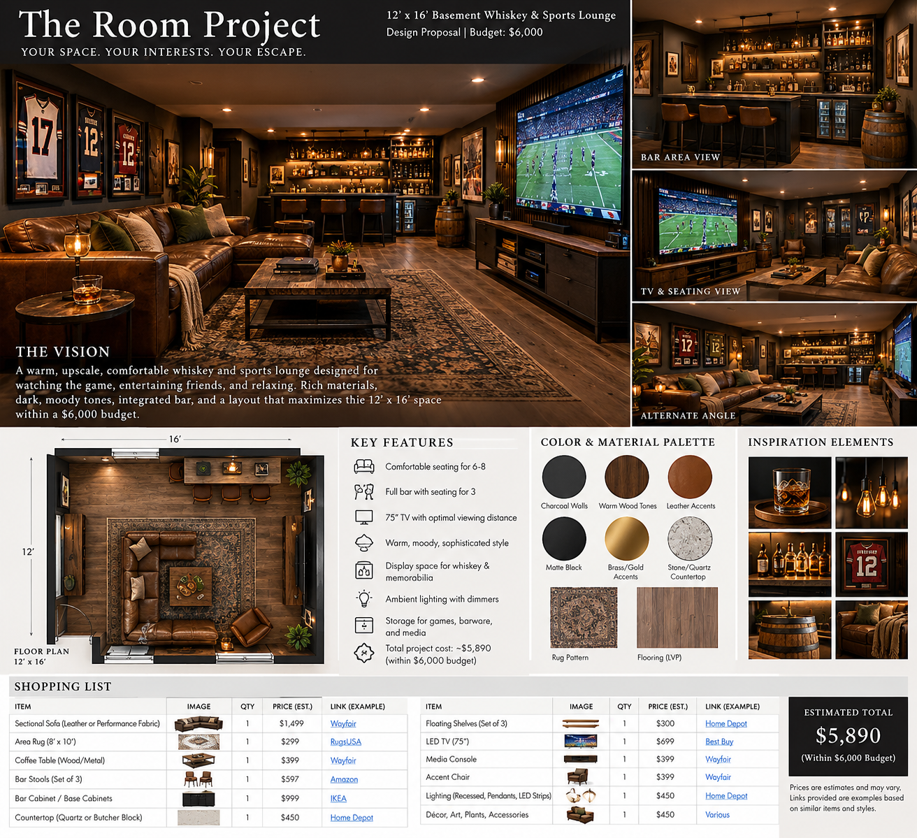 Sample whiskey and sports lounge Room Project concept board